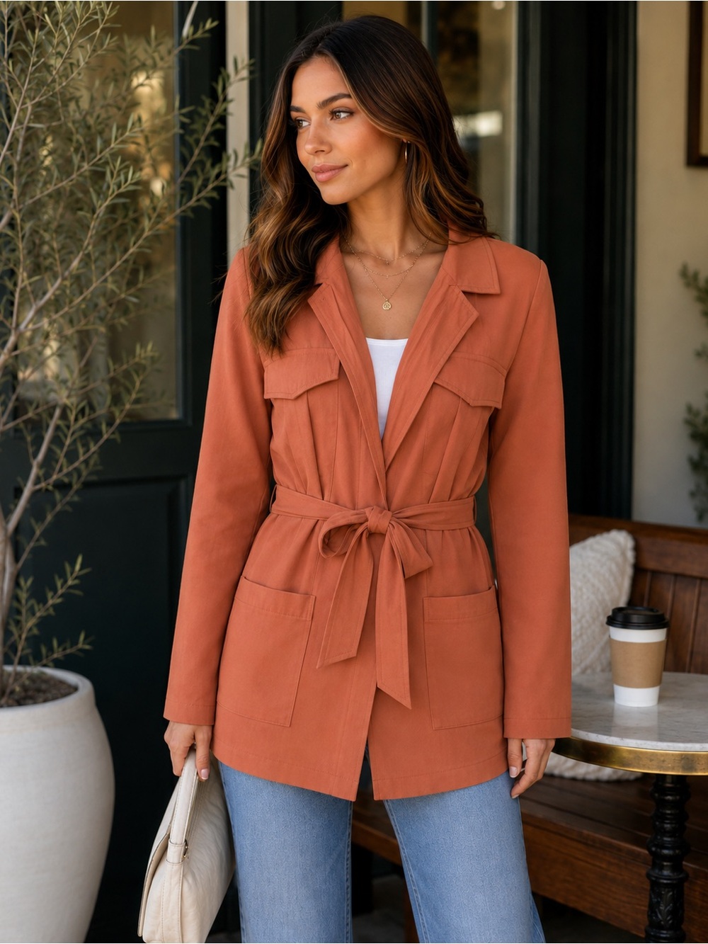 Hayden LA Rust Tie-Belt Cargo Blazer Jacket